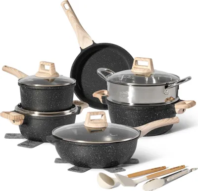 Immagine prodotto di Set di pentole e padelle Just Perfecto JL-780, 15 cm, ghisa, finitura in marmo, induzione, vaporiera, accessori, nero