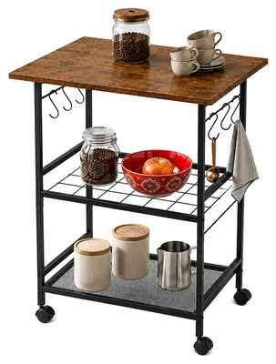 Obrázek produktu pro Relaxdays, vozík do kuchyně, rozměry (v x š x h): 88 x 52 x 39 cm, 3 úrovně, 6 háčků, materiál: MDF, kov, kuchyňský vozík s kolečky, barva: černá/hnědá