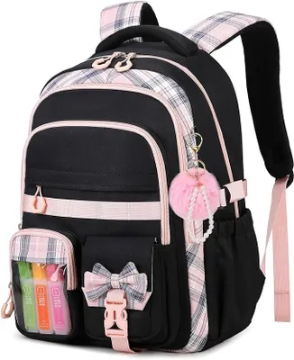 Produktbild von PolkaHome® Schulrucksack für Mädchen, wasserabweisender Rucksack mit Schleife, 25 L, für Schule und Reisen, Schwarz/Rosa