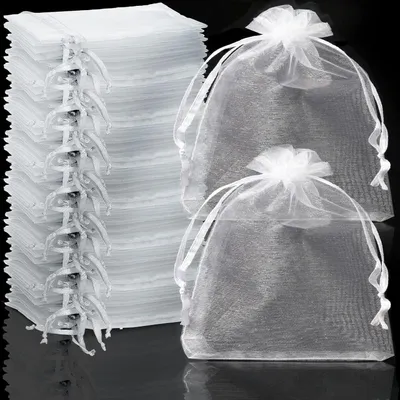 Produktbild von 100 Stück Organzasäckchen Organzabeutel Schmuckbeutel 7x9 cm Geschenkbeutel für Festival Party Hochzeit und die tägliche Platzierung von Schmuck Kosmetik Süßigkeiten (Farbmischung)  7x9 cm-weiß