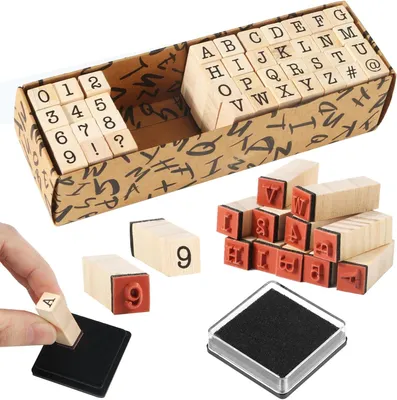 Imagen del producto de Juego de sellos de madera, 40 piezas, alfanuméricos, de 14,5 x 4,5 x 3,5 cm, para scrapbooking