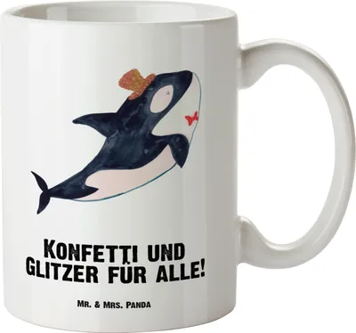Produktbild von Mr. & Mrs. Panda steingut tasse Orca Zylinder - Weiß - Geschenk, Glückwunsch, Teepott, Narwal, Pott, Geburtstag, Meerestiere, weisse, Glitzer, Fest, jumbotasse, Haferl