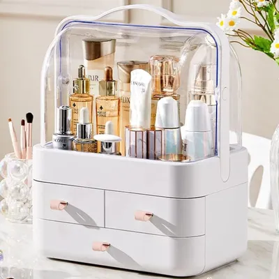 Immagine prodotto di Organizzatore per trucchi con 3 cassetti - Contenitore impermeabile e antipolvere per cosmetici, color rosa