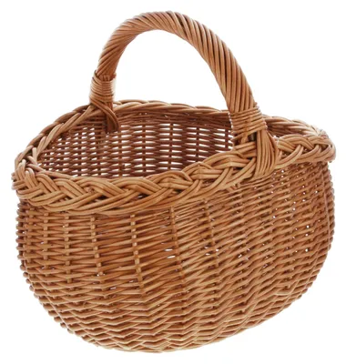 A woven wicker basket with a braided rim and a curved handle, presented against a white background.