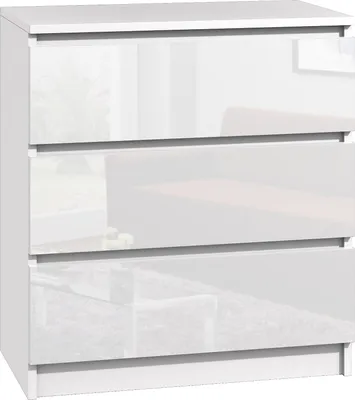 A white, high-gloss chest of drawers with three drawers.