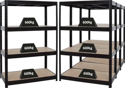Produktbild von Mega Deal | 4x Schwerlastregal DINO | HxBxT 180x120x60cm | 4 MDF-Platten-Ebenen 6,5 mm | Fachlast 600kg | Schwarz
