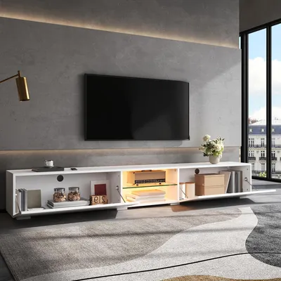 Immagine prodotto di Mobile TV MODFU con LED, base TV da 200 cm, mobile TV con ante lucide e vano aperto, mobile TV con spazio contenitivo, bianco