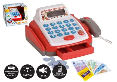 Produktbild von Kleine digitale Spielzeugkasse aus Kunststoff, 18 cm, mit Zubehör, batteriebetrieben, mit Sound und Licht, in einer Verpackung von 22 x 15 x 18 cm