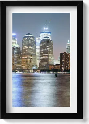Produktbild von Panorama der Stadt bei Nacht– Wandbild mit Rahmen – Gerahmtes Bild  – Wanddekoration – 20x30 cm – Schwarz