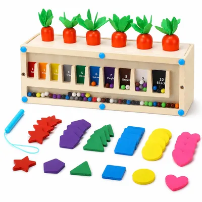 Produktbild von Montessori Holzspielzeug 3-in-1 – Sortierspiel mit Farben, Formen, Zahlen, Karotten & Kugelspiel, KI-generiertes Bild