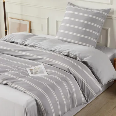 Produktbild von Bettwäsche-Set 135x200 cm mit Kissenbezug 80x80 cm, dunkelgrau gestreift, 100% Baumwolle, 2-teilig