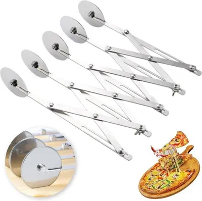 Produktbild von Teigschneider mit 5 Rädern, Teigverteiler, Edelstahl, 5 Räder, verstellbarer Pizzaschneider mit Griff, Edelstahl, Teigverteiler, Tortenverteiler, Tortenheber, für Pizza, Kuchen, Teig (silber)