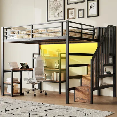 Produktbild von Merax Etagenbett 140x200cm, Hochbett Mit Schreibtisch, Metall Jugendbett Mit Treppe, Regal, USB Ladestation, LED Beleuchtung, Kinderbett, Schwarz