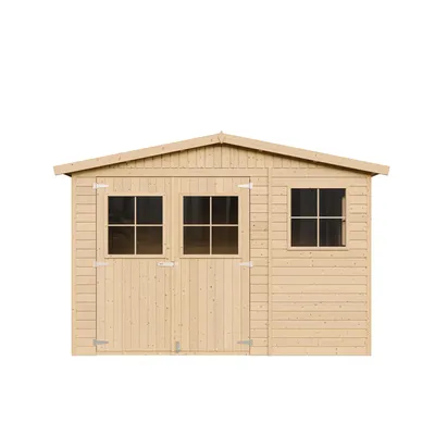 A wooden garden shed with two windows on the left and one window on the right, and double doors in the center.