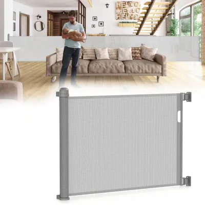 Obrázek produktu pro XINZI, výsuvná bezpečnostní zábrana na schodiště, až do 150 cm, šedá barva. PVC zábrana s dvojitým zámkem a ovládáním jednou rukou, vhodná pro děti a domácí zvířata