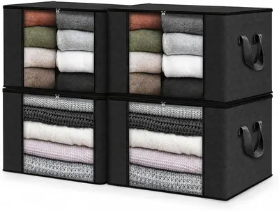 Produktbild von PolkaHome® 4er Set Aufbewahrungstaschen 90 L mit Deckel, Sichtfenster & Tragegriffen – faltbare Kleiderboxen für Bett, Kleidung &