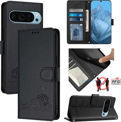 Produktbild von Leder Hülle für Google Pixel 10 5G Süße Katze Flip Case Brieftasche Schutzhülle mit Standfunktion Schwarz