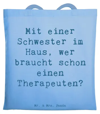 Produktbild von Mr. & Mrs. Panda Tote Bag Spruch Schwester Glück - Sky Blue - Geschenk, Familiengeschenk, Erinnerungen, Tasche, einzigartige Designs, Unterstützung, Verwandte, Jutebeutel