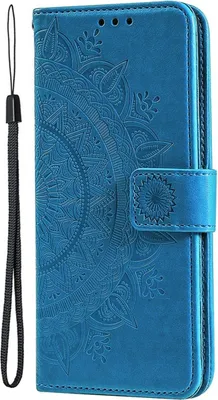 A blue flip case for a smartphone with a mandala pattern embossed on the cover.