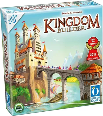 The image shows the box of the board game Kingdom Builder, with a castle and bridge illustration.