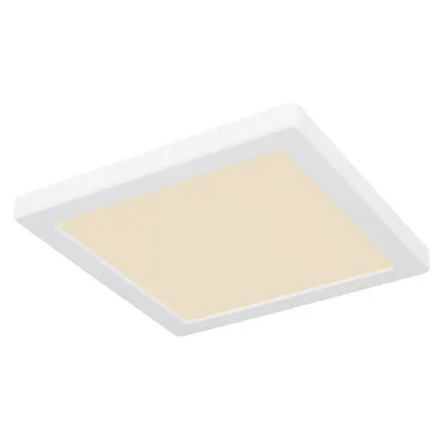 A square white ceiling light with a warm yellow light emanating from its center, shown at an angle against a white background.