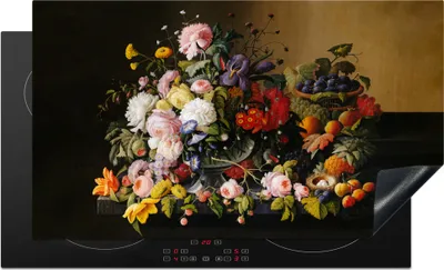 Produktbild von KitchenYeah© Herdabdeckplatte Stilleben mit Blumen und Früchten - Kunstwerk - Alte Meister , 91x52cm, Küche Deko, Glaskeramikkochfeld Herdabdeckung, Abdeckplatte fùr Kochfeld