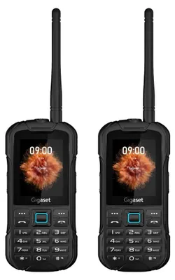 Two black Gigaset phones are shown side-by-side against a white background.