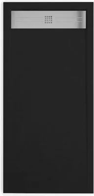 Produktbild von Mineralguss-Duschwanne extra flach ELITE Schieferoptik SCHWARZ 80x120cm Edelstahl in chrom Ablaufschutz in Chrom