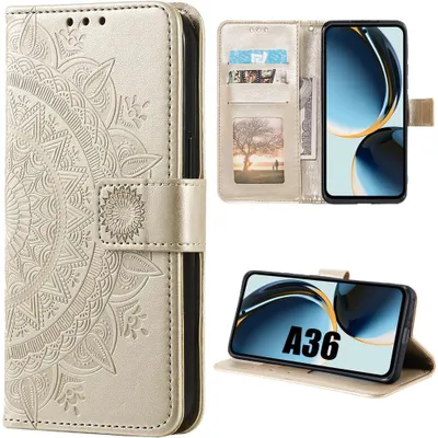 Image de Coque pour Samsung Galaxy A36 5G, Protection Antichoc Anti-Rayures Cuir Synthétique Doré Gravure Mandala
