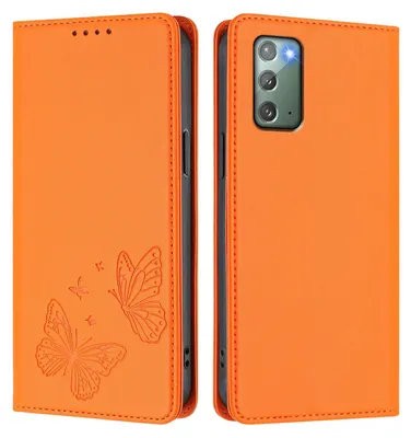 Image de Étui en cuir pour Samsung Galaxy Note 20, motif papillon en relief, étui portefeuille à rabat avec support, orange