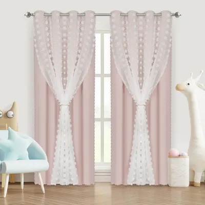 Produktbild von Vorhänge Doppelschicht Ösen Fenstervorhang 2er Set Rosa Pompom Verdunkelungsvorhang Tulle Gardinen Schlafzimmer Kinderzimmer, 132x160cm