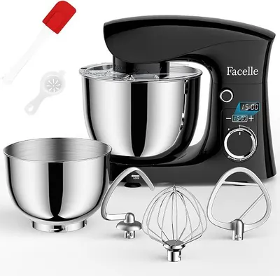 Produktbild von Küchenmaschine Knetmaschine 1500W Teigmaschine Rührmaschine | 5,5L &4,5L Geräuscharm 10+P Teigknetmaschine mit Rührhaken, Knethaken, Schneebesen und Spritzschutz