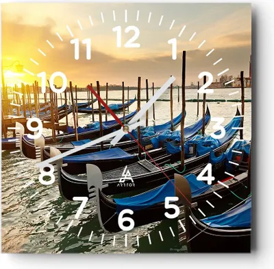 Produktbild von Wanduhr - Quadrat - Glasuhr - Venedig Gondel - 30x30cm - Schleichendes Uhrwerk - Lautlos - zum Aufhängen bereit - Dekoration Modern - Wanddekoration aus Glas - C4AC30x30-3531