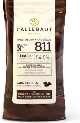 A bag of Callebaut dark chocolate callets.