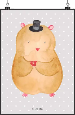 Produktbild von Mr. & Mrs. Panda Bild Hamster Hut DIN A2 - Grau Pastell - Geschenk, Wandbild, kunstdruck poster, Magier, Lustige Sprüche, Zwerghamster, wanddeko, Plakat, Zylinder