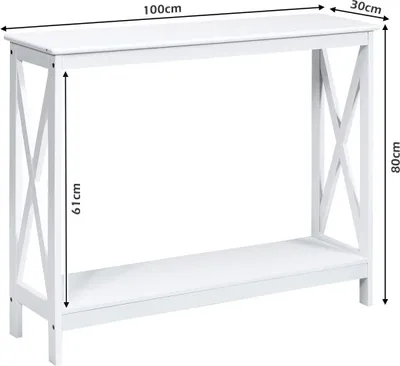 A white console table with dimensions indicated by measurement lines and text.