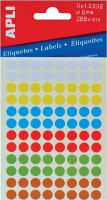 Produktbild von Apli – runde Etiketten im Beutel, Durchmesser 8 mm, verschiedene Farben, 288 Stück, 96 pro Blatt (2092)
