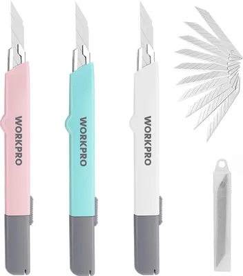 Produktbild von WORKPRO 3-teiliges Cuttermesser Set mit 10 Abbrechklingen, schwarz-blau-rot