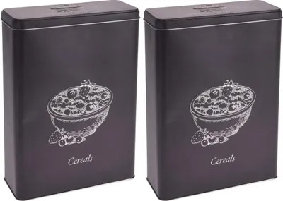 Two identical black rectangular storage containers with a white line drawing of a bowl of cereal and berries on the front.