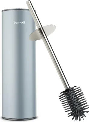 Image de Brosse et support de WC en acier inoxydable Bamodi - Brosse de WC sur pied en silicone, ensemble argenté avec support de brosse de WC sans perçage