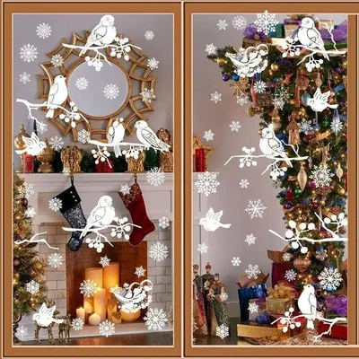 Image de Décoration de fenêtre de Noël : oiseaux recouverts de neige, film adhésif