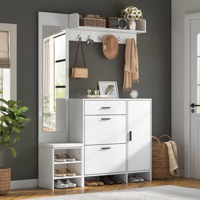 Produktbild von MODFU Garderoben-Set flur,Garderobenständer mit Spiegel und Kleiderhaken,Schuhschrank mit Sitzbank,Spiegel,Flurgarderobe Weiß mit viel Stauraum,140x30x200cm