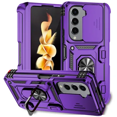 Immagine prodotto di Custodia per Samsung Galaxy Z Fold 5 a doppio strato con copertura scorrevole della fotocamera e supporto ad anello Viola