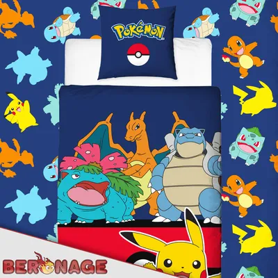 A close-up view of Pokemon-themed bedding, featuring popular characters like Pikachu, Charizard, Venusaur, and Blastoise, arranged on a dark blue background with smaller character prints.