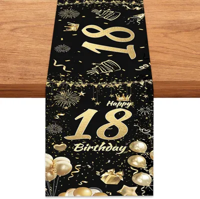 Productafbeelding van Tafelloper 18e verjaardag - 35 x 180 cm - Zwart-goud