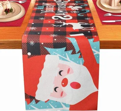 Image de Allecto Premium - Chemin de table de Noël Père Noël rouge Nappe en lin Hiver Maison Décoration de Noël 35 x 180 cm