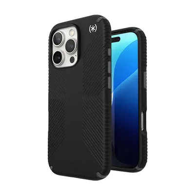 A black Speck Presidio2 Grip phone case is shown next to an iPhone 16 Pro.