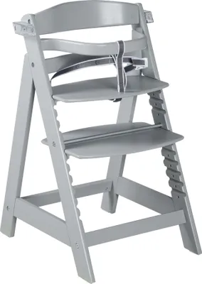 A grey wooden high chair with a tray and safety straps, shown against a white background.