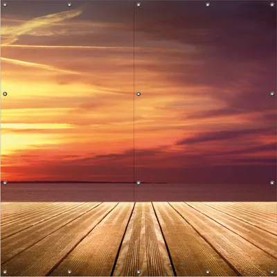 Produktbild von Wallario Outdoor-Poster für Garten oder Balkon, Motiv Steg am See - Sonnenuntergang und roter Himmel, in ca. 180 x 180 cm