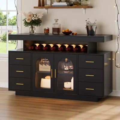 Productafbeelding van MODFU Keukenkast, wijnkast, 140 x 40 x 82 cm, dressoir met 6 lades, buffetkast met LED RGB-verlichting, zwart